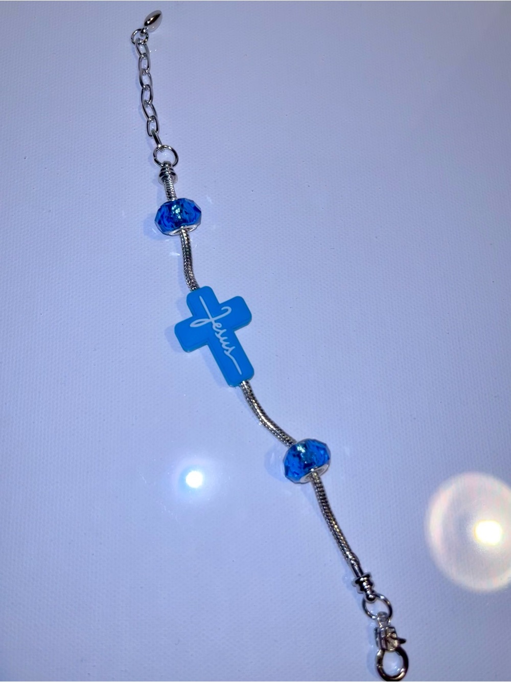 Blue Faith Cross Bracelet with Crystal Beads